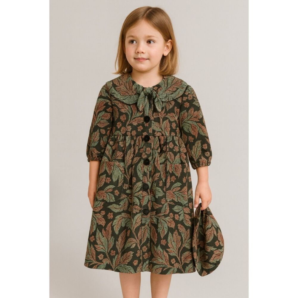 Vintage Floral Tapestry Dress & Bonnet Girls 6 Jacquard Fall Holiday Cottagecore